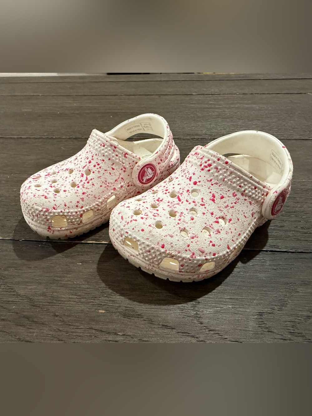 CROCS Kids White Clogs with Pink Speckle Pattern